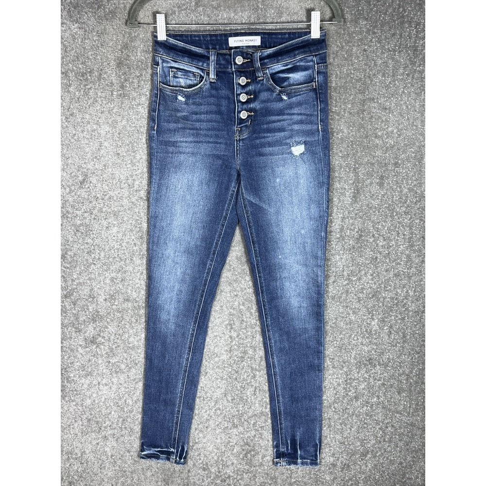 Flying‎ Monkey Platinum Distressed Button Fly Skinny Jeans Womens Size 25 Blue